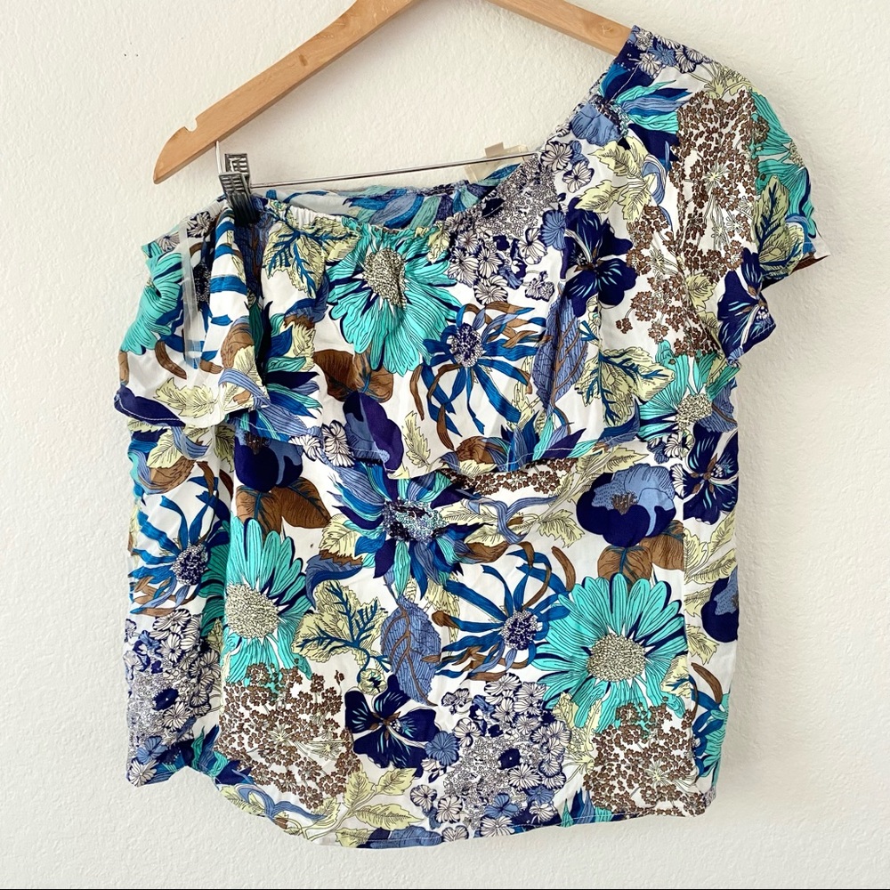 Entro Boutique Blue and Brown Floral One Shoulder Top Sz L